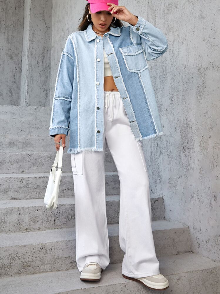 SHEIN EZwear 雙色毛邊緣落肩袖牛仔外套 - 淺色水洗藍 - 查看 1