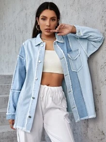 SHEIN EZwear 雙色毛邊緣落肩袖牛仔外套 - 淺色水洗藍 - 查看 5