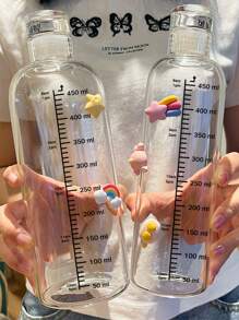 1 botella de agua transparente con pegatina aleatoria, vaso de agua de plástico de 500 ml con escala para la escuela de la oficina en el hogar - transparente - Ver 3