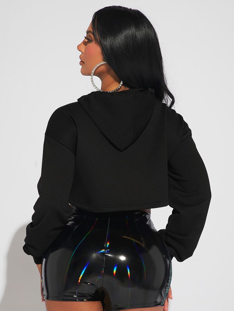 SHEIN SXY Capucha corta con lentejuela en contraste de hombros caídos con cordón - Negro - Añade 2