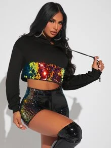 SHEIN SXY Contrast Sequin Drop Shoulder Drawstring Crop Hoodie - Black - View 5
