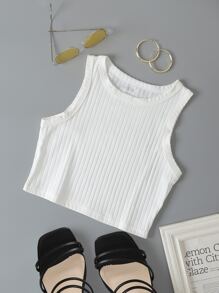 INAWLY Áo hai dây Gân đan màu trơn Cơ bản - trắng - Xem 1