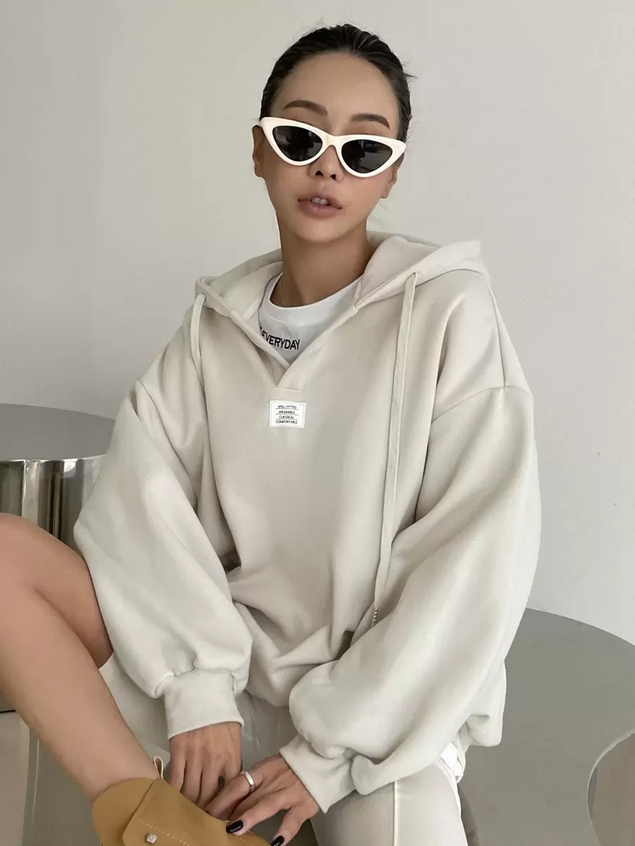 DAZY Letter Patched Drop Shoulder Drawstring Hoodie,Long Sleeve Tops,Fall Women Clothes Sweatshirt - White - View 1