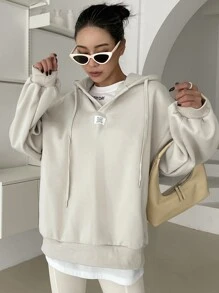 DAZY Letter Patched Drop Shoulder Drawstring Hoodie,Long Sleeve Tops,Fall Women Clothes Sweatshirt - White - View 2