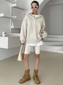 DAZY Letter Patched Drop Shoulder Drawstring Hoodie,Long Sleeve Tops,Fall Women Clothes Sweatshirt - White - View 4