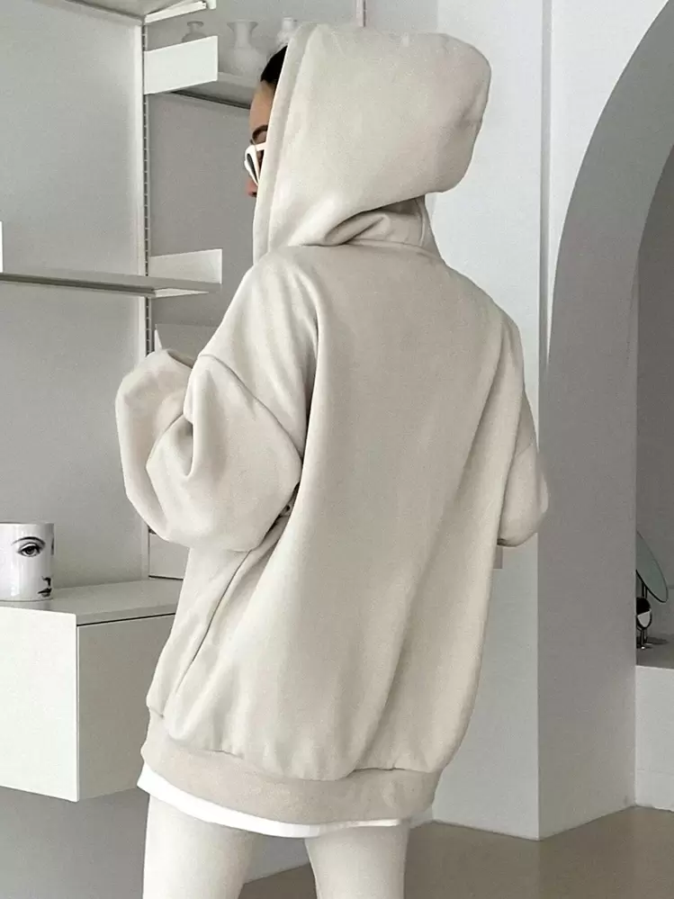 DAZY Áo hoodie có dây rút hở vai vá chữ, áo dài tay, quần áo mùa thu cho nữ - trắng - Xem 5