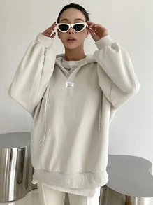 DAZY Letter Patched Drop Shoulder Drawstring Hoodie,Long Sleeve Tops,Fall Women Clothes Sweatshirt - White - View 7