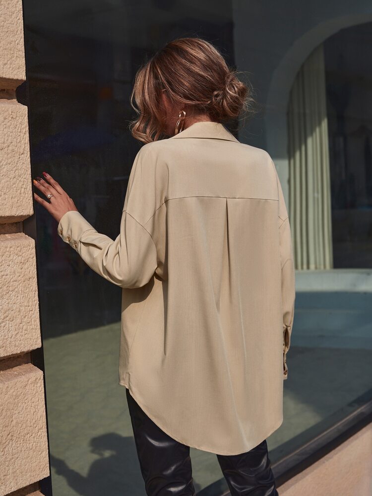 SHEIN Unity 落肩袖前紐扣襯衫 - 杏色 - 查看 2