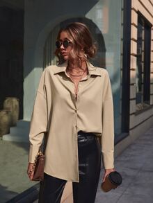 SHEIN Unity Drop Shoulder Button Front Blouse - Apricot - View 3