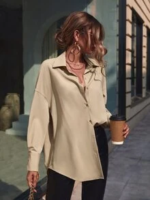 SHEIN Unity Drop Shoulder Button Front Blouse - Apricot - View 5