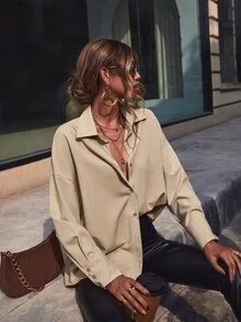 SHEIN Unity Drop Shoulder Button Front Blouse - Apricot - View 6