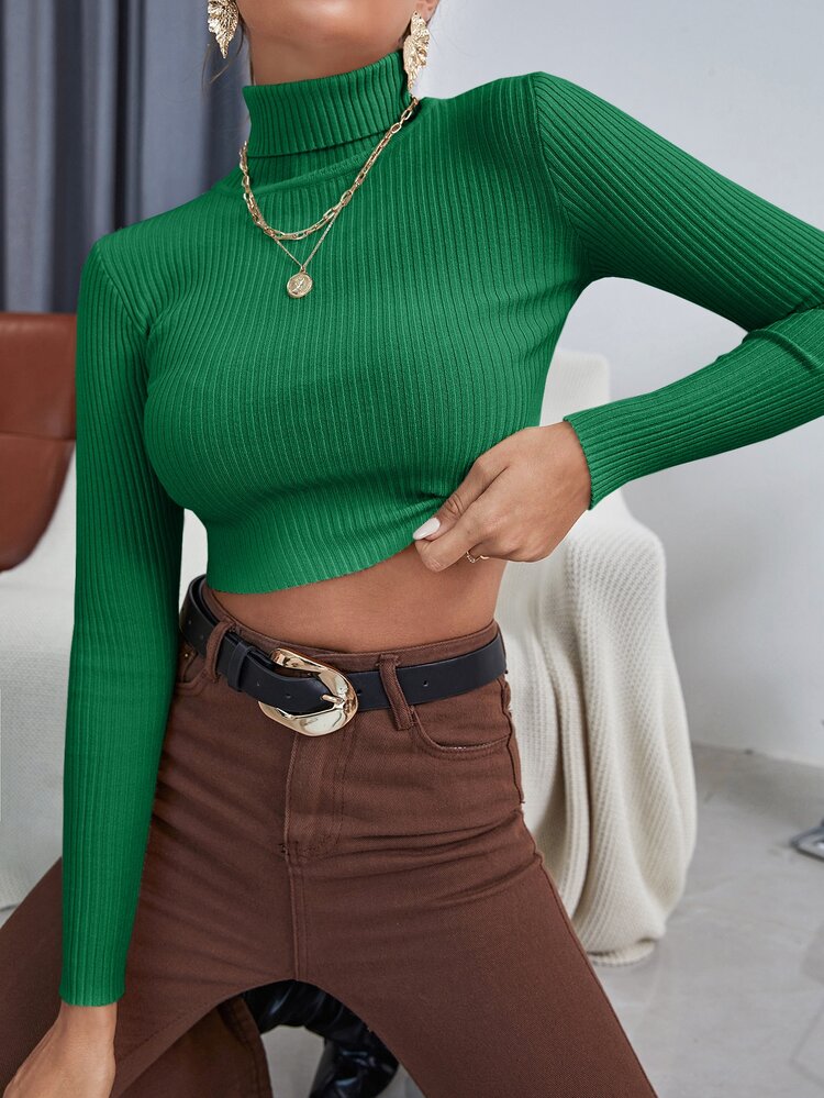 SHEIN Essnce Jersey corto unicolor de cuello cisne tejido de canalé - Verde - Añade 6