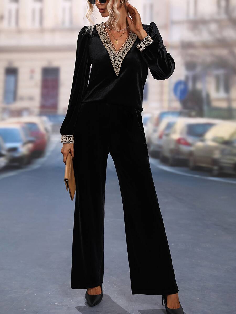 SHEIN LUNE Guipure Lace Insert Velvet Top & Trousers - Black - View 1