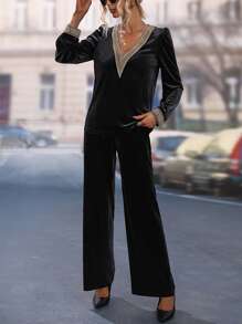 SHEIN LUNE Guipure Lace Insert Velvet Top & Trousers - Black - View 4