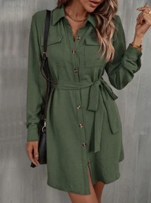 SHEIN LUNE Flap Pocket Belted Shirt Dress - Green - View 1