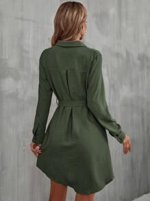 SHEIN LUNE Flap Pocket Belted Shirt Dress - Green - View 2