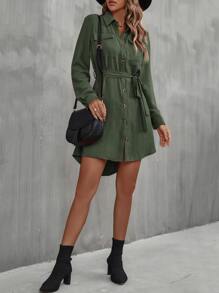 SHEIN LUNE Flap Pocket Belted Shirt Dress - Green - View 3