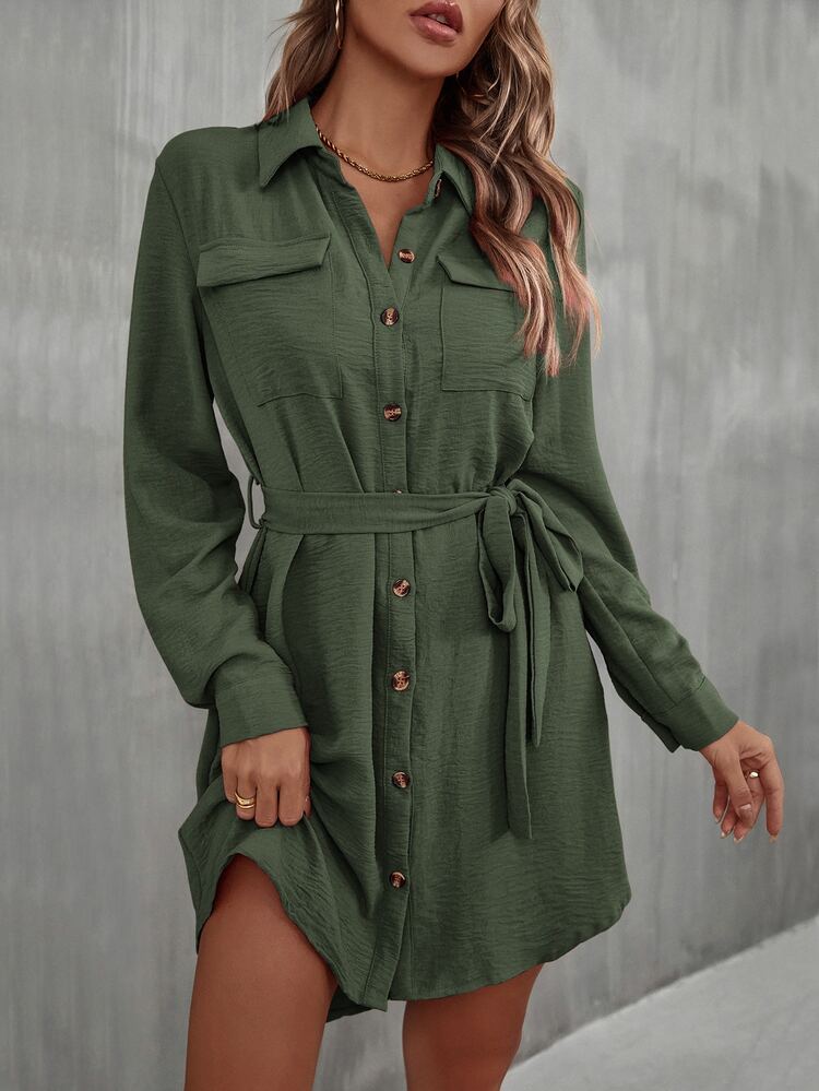 SHEIN LUNE 翻蓋口袋腰帶襯衫洋裝 - 綠色 - 查看 4