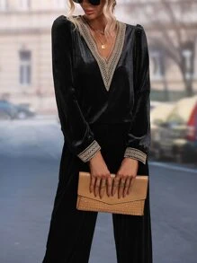 SHEIN LUNE Guipure Lace Insert Velvet Top & Trousers - Black - View 5