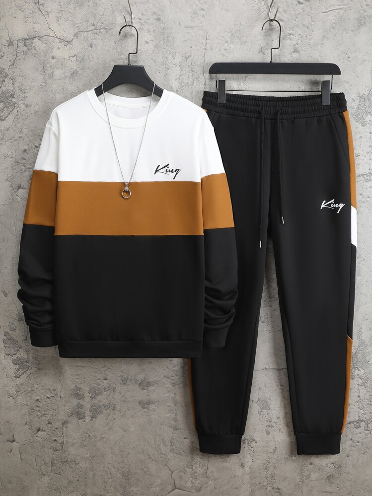 Manfinity Homme Men Letter Graphic Colourblock Sweatshirt & Joggers - Multicolor - View 1