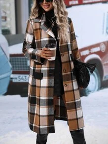 SHEIN LUNE Plaid Print Lapel Neck Overcoat - Multicolor - View 4