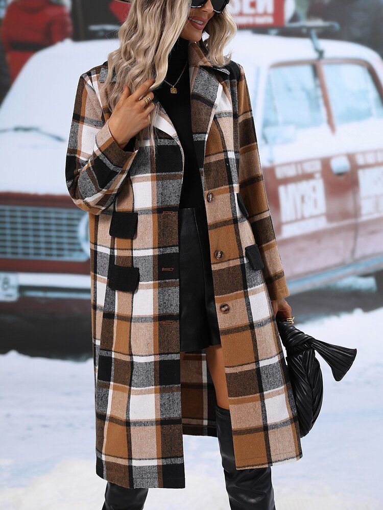 SHEIN LUNE Plaid Print Lapel Neck Overcoat - Multicolor - View 5