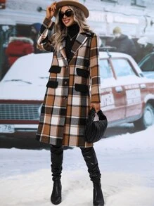 SHEIN LUNE Plaid Print Lapel Neck Overcoat - Multicolor - View 6