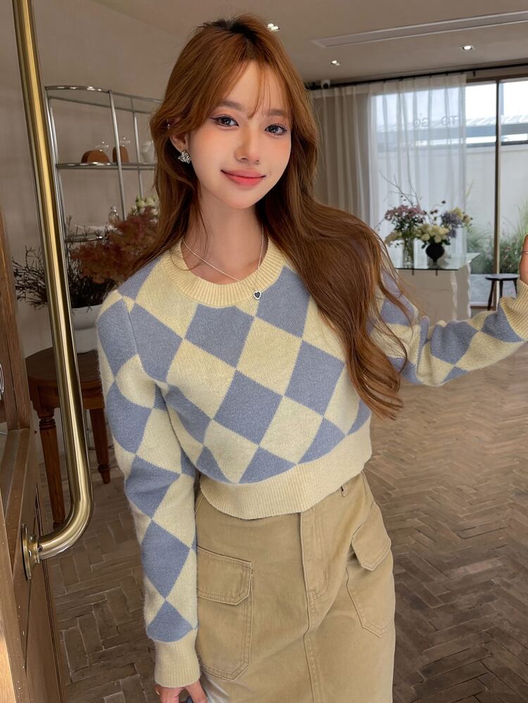 DAZY Jersey corto con patrón de rombo - Multicolor - Añade 8