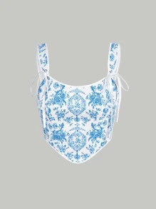 SHEIN MOD Áo hai dây Bất đối xứng Thắt nút Dây kéo Hoa Thanh lịch - Xanh và trắng - Xem 1