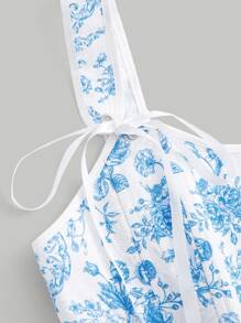 SHEIN MOD Áo hai dây Bất đối xứng Thắt nút Dây kéo Hoa Thanh lịch - Xanh và trắng - Xem 4