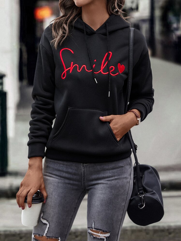 SHEIN LUNE Letter & Heart Embroidery Kangaroo Pocket Drop Shoulder Drawstring Thermal Hoodie,Long Sleeve Tops - Black - View 5