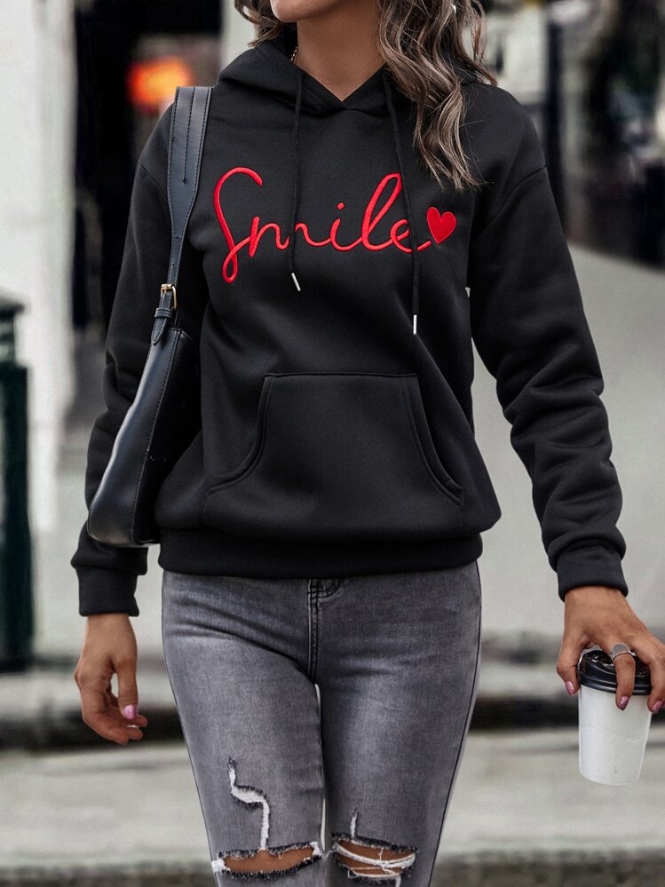 SHEIN LUNE Letter & Heart Embroidery Kangaroo Pocket Drop Shoulder Drawstring Thermal Hoodie,Long Sleeve Tops - Black - View 6
