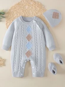 嬰兒菱形印花插肩袖麻花編織連身褲和帽和針織鞋 - 淺灰色 - 查看 1