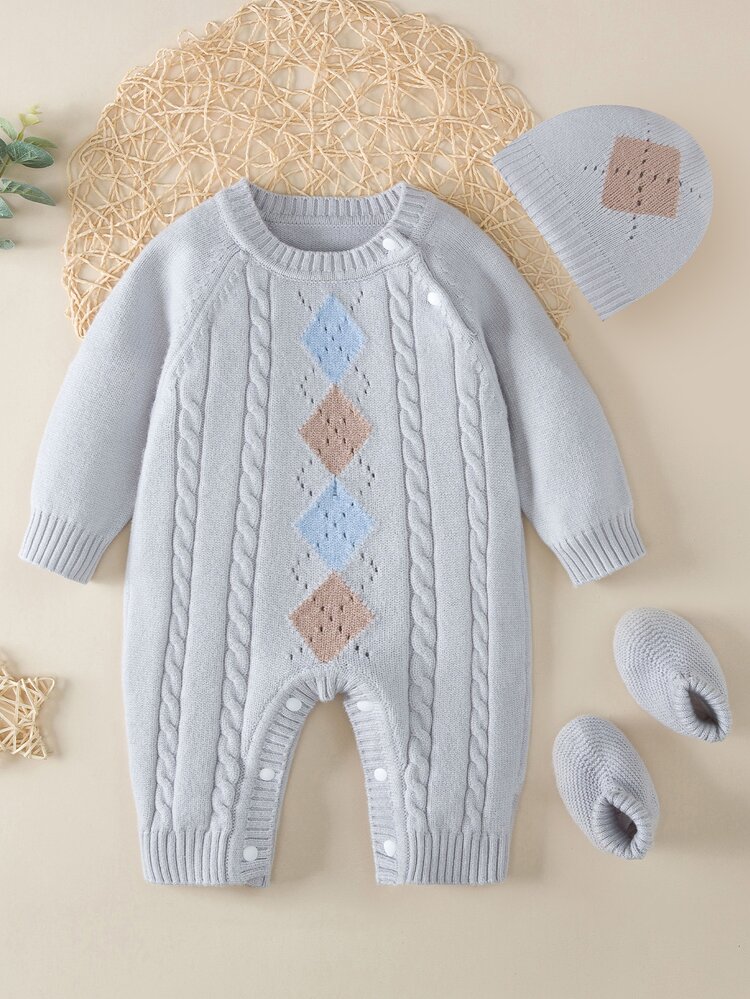 嬰兒菱形印花插肩袖麻花編織連身褲和帽和針織鞋 - 淺灰色 - 查看 1