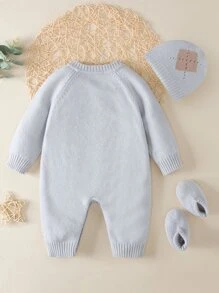 嬰兒菱形印花插肩袖麻花編織連身褲和帽和針織鞋 - 淺灰色 - 查看 2