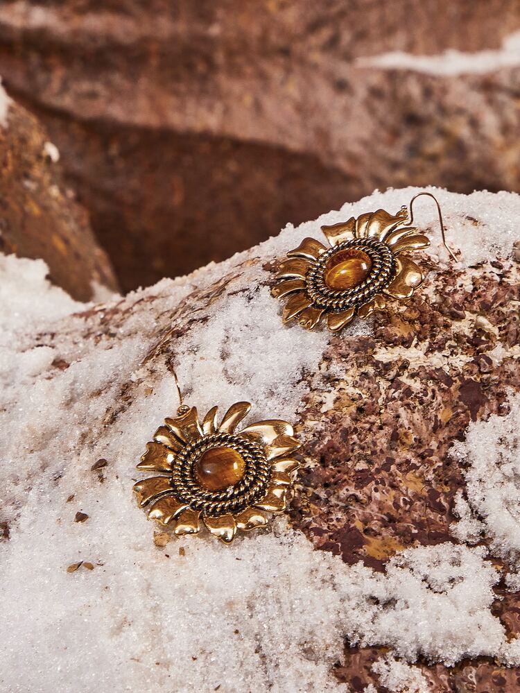 Flower Decor Drop Earrings - Yellow Gold - View 5