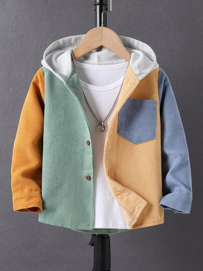SHEIN Jaket Anak Laki-Laki 1 Potong dengan Blok Warna, Saku Tempel, dan Tudung untuk Musim Gugur