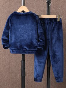 Toddler Boys Cartoon Embroidery Pullover & Joggers - Navy Blue - View 2