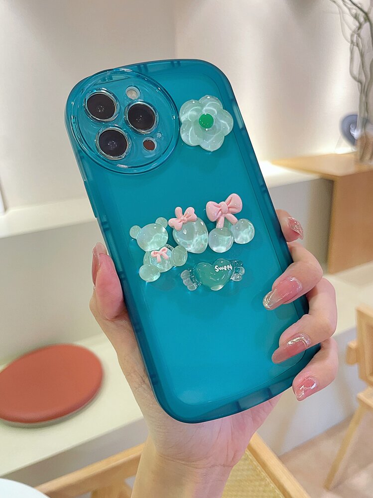 3D Bear Decor Phone Case - Blue - View 1