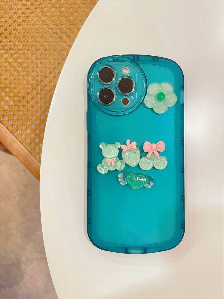 3D Bear Decor Phone Case - Blue - View 3