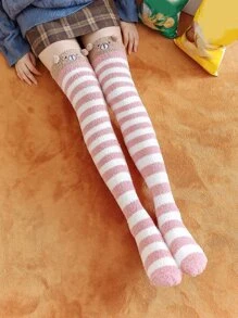 Striped Animal Embroidered Pom Pom Decor Over The Knee Socks - Multicolor - View 1