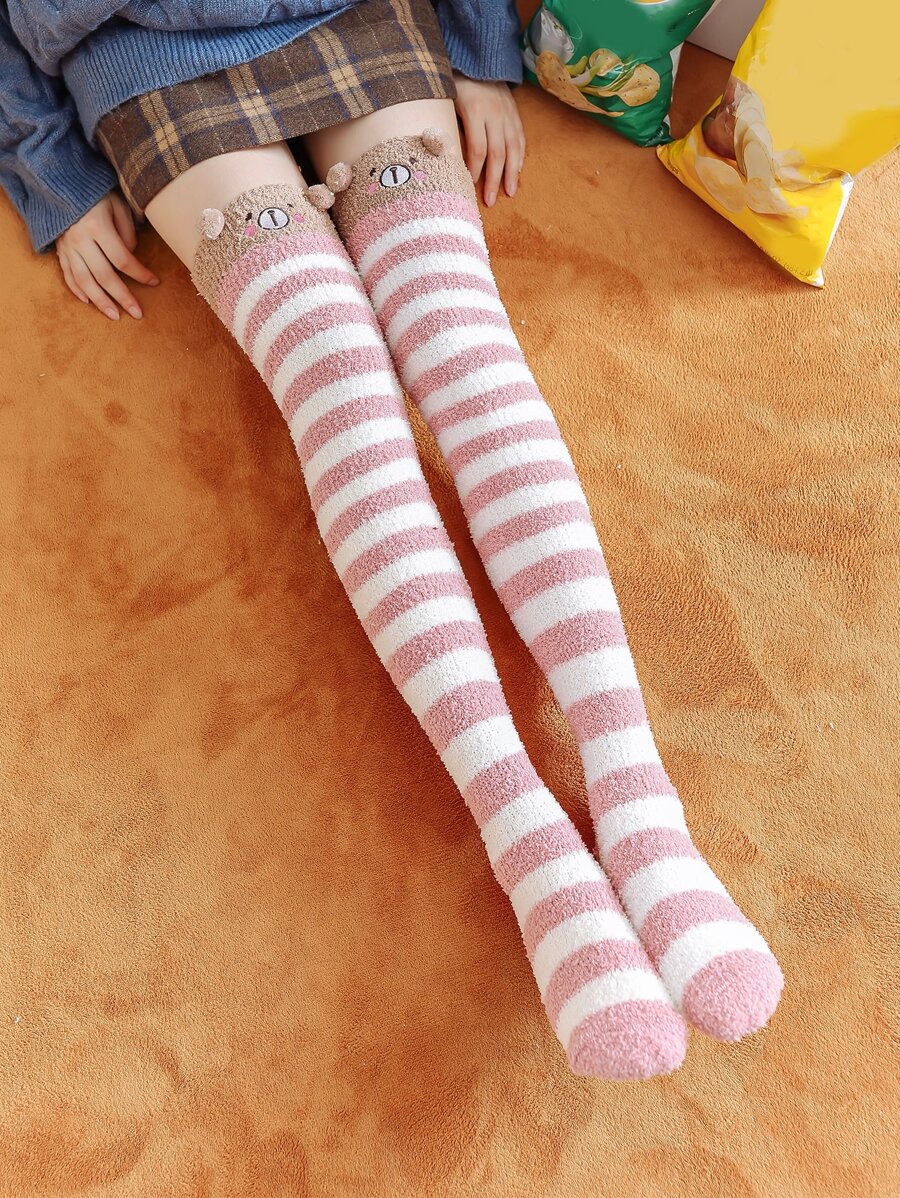 Striped Animal Embroidered Pom Pom Decor Over The Knee Socks - Multicolor - View 1