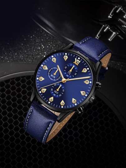 Men Rhinestone Detail Round Pointer Quartz Watch