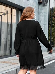Plus Fringe Hem Belted Dress - Black - View 2