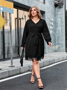 Plus Fringe Hem Belted Dress - Black - View 1