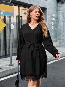 Plus Fringe Hem Belted Dress - Black - View 4