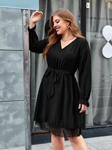 Plus Fringe Hem Belted Dress - Black - View 5