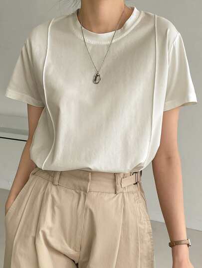 Dazy-Less 纯色缝线细节T恤，复古风格商务休闲女士工作服