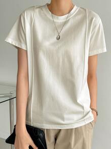 Dazy-Less 纯色缝线细节T恤，复古风格商务休闲女士工作服