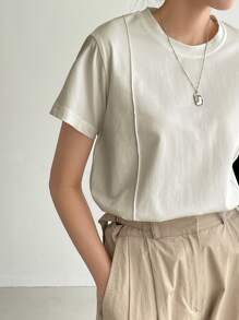 Dazy-Less 纯色缝线细节T恤，复古风格商务休闲女士工作服